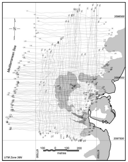 Figure 4. Magnetic survey tracklines (total 107 line km). No data were acquired within the inner harbour area due to high magnetic gradients associated with the modern harbour entranceway